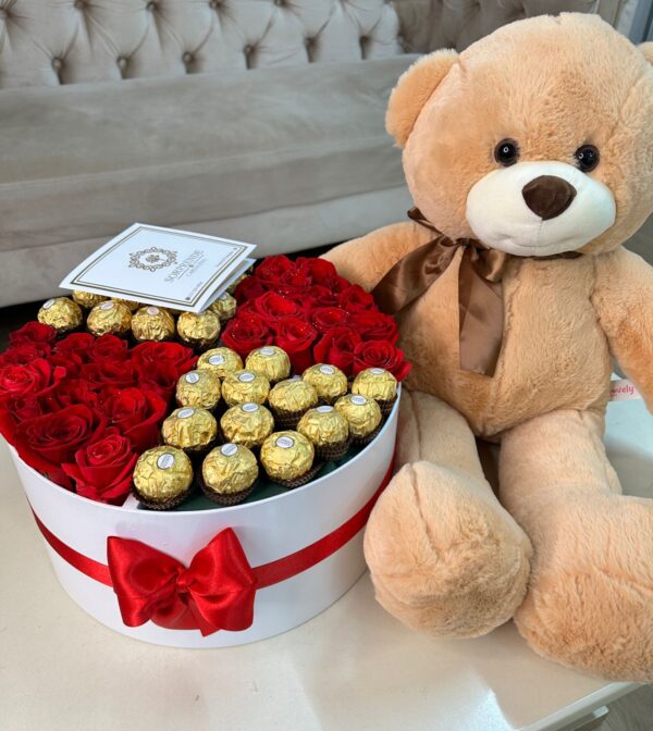 Tambor de rosas y chocolates + Peluche mediano